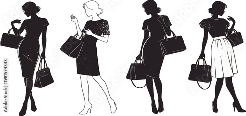 Elegant Women Silhouette Collection with Fashion Poses Holding Handbags in Stylish Dresses for Beauty, Lifestyle, Boutique Branding, and Apparel Design Projects