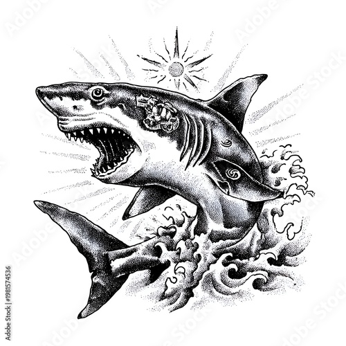 An aggressive shark emerges from the ocean waves toward the sunshine in a detailed black and white drawing with intricate stippling effects.