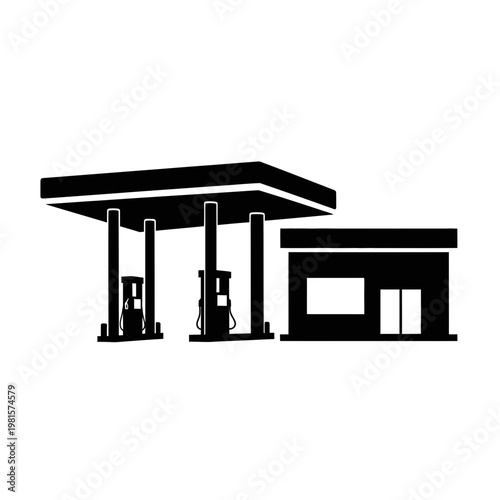 Gas Station Silhouette Icon - Fuel Pump and Store Building