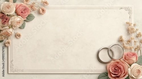 Elegant Wedding Card Design with Pink Roses and Silver Wedding Rings on Soft Background