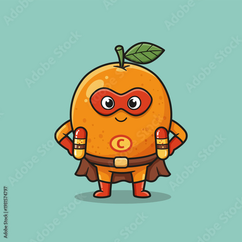 Orange Superhero Cartoon Character with Cape and Mask.