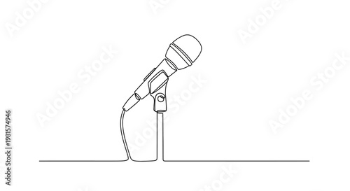 Minimalist Microphone on Stand, Single Line Art, Speech and Music Icon