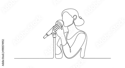 Singer Performing Live with Microphone, Minimalist Line Art