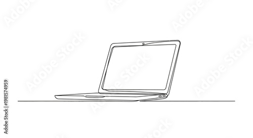 Minimalist Laptop Line Art: Open Notebook Computer on White Background, Technology Concept