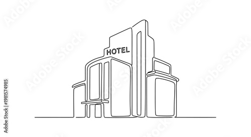 Minimalist Line Art Drawing of a Modern Hotel Building with 'HOTEL' Sign