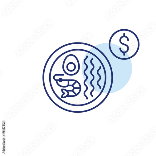 Seafood ramen and dollar. Affordable Asian meal cost, quick dining and takeaway expense, comfort food value. Pixel perfect, editable stroke vector icon