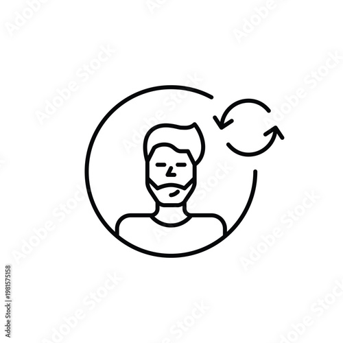 Man user avatar and renew arrows. Profile picture refresh, account renewal, user update. Pixel perfect, editable stroke vector icon