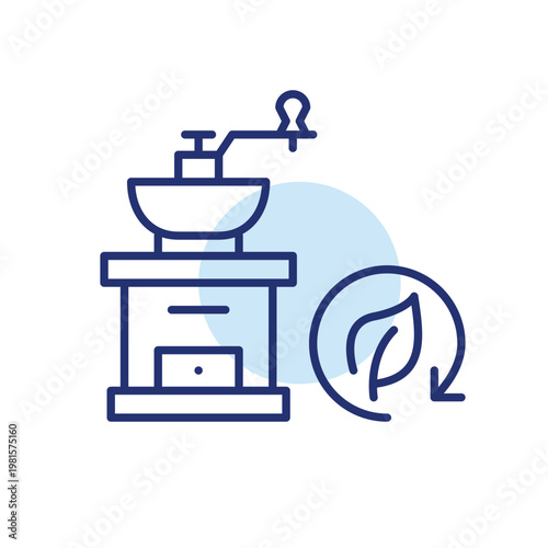 Coffee grinder, leaf and renew arrow. Sustainable food and drinks. Pixel perfect, editable stroke vector icon