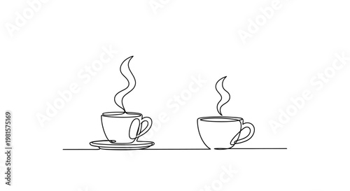 Minimalist Line Art Drawing of Two Steaming Coffee Cups on White Background