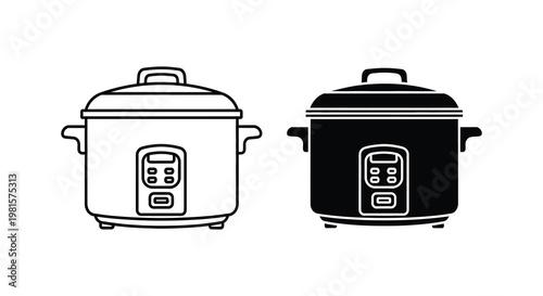 Two electric rice cookers shown in contrasting styles a detailed silhouette
