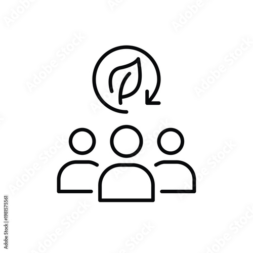 Group of people, leaf and renew arrow. Eco-friendly community, sustainable teamwork and cooperation. Pixel perfect, editable stroke vector icon