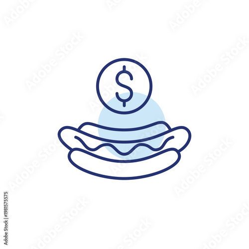 Hot dog in a bun with mustard and dollar. Fast food cost, snack purchase payment. Pixel perfect, editable stroke vector icon