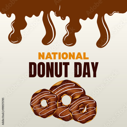 Celebrate National Donut Day with this tempting chocolate glazed design. Featuring dripping chocolate syrup and fresh donuts, it is perfect for bakery menus and dessert promotions.
