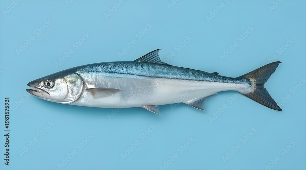 Obraz premium A fresh blue fish is placed against a light blue background. The overall image emphasizes a high-quality seafood subject with a crisp, studio-lit, and natural presentation.