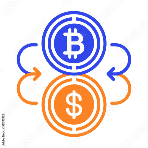 Vector graphic illustrating the exchange of bitcoin for dollars in a circular motion.