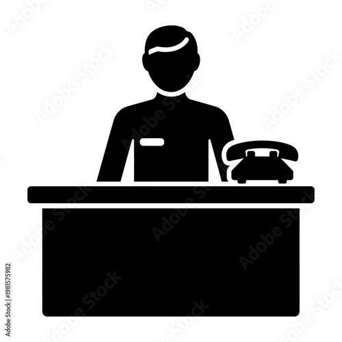 Vector graphic of a receptionist sitting at a desk with a telephone.