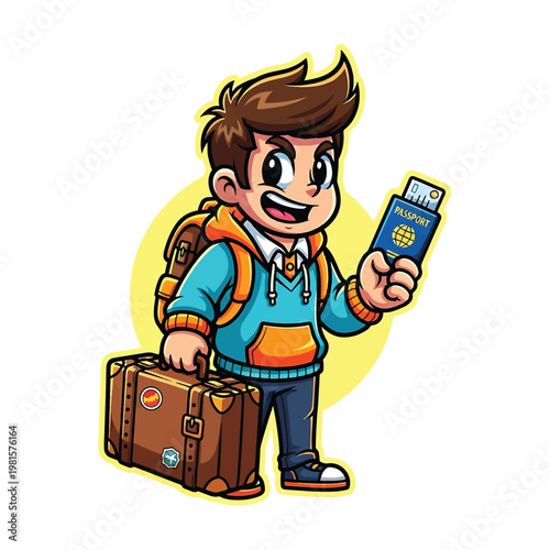 Young traveler with passport and luggage ready for trip