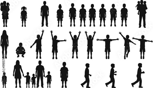 Black vector silhouettes of families, children standing, jumping, and running isolated on white background, diverse collection of kids playing, parents holding toddlers, and active youth people.