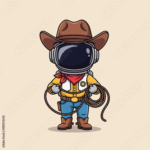 Cute cartoon astronaut character wearing a brown cowboy hat, red bandana, yellow shirt, blue jeans, and boots, holding a coiled lasso on a plain background, vector illustration.