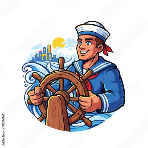 Sailor at Ship Wheel with Ocean Waves and City Skyline