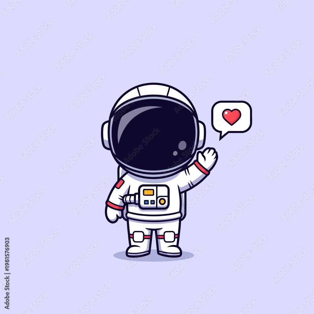 Obraz premium Cute cartoon astronaut character in a white spacesuit waving hand with a speech bubble containing a red heart icon on a light blue background, vector illustration.