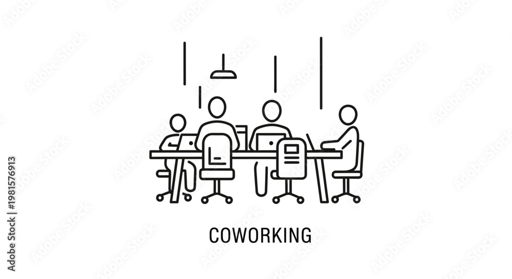 Naklejka premium Coworking space with people working together at a shared table, line art illustration