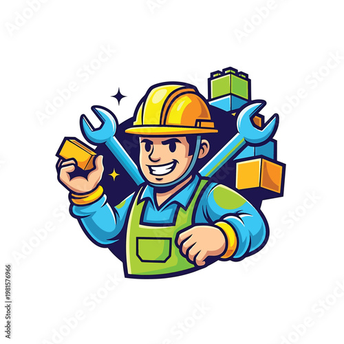 Construction Worker with Tools and Building Blocks for Construction and Craft Education
