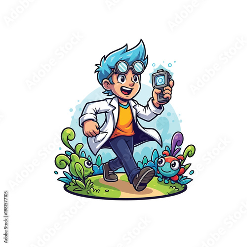 Young Inventor Scientist with Camera exploring colorful garden creatures