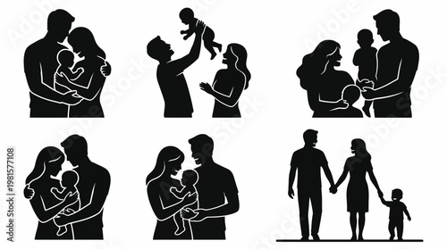 Family Silhouette Vector Set – Father, Mother and Baby in Loving Poses (Clean Grid Layout)