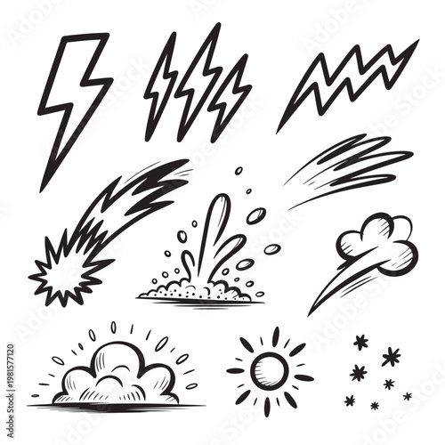 Comic action and energy effect hand drawn doodle collection for manga illustration, dynamic motion design, pop art projects, and graphic storytelling
