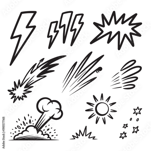 Hand drawn comic action effect and energy burst doodle set for manga illustration, dynamic graphic design, and pop art creative content projects