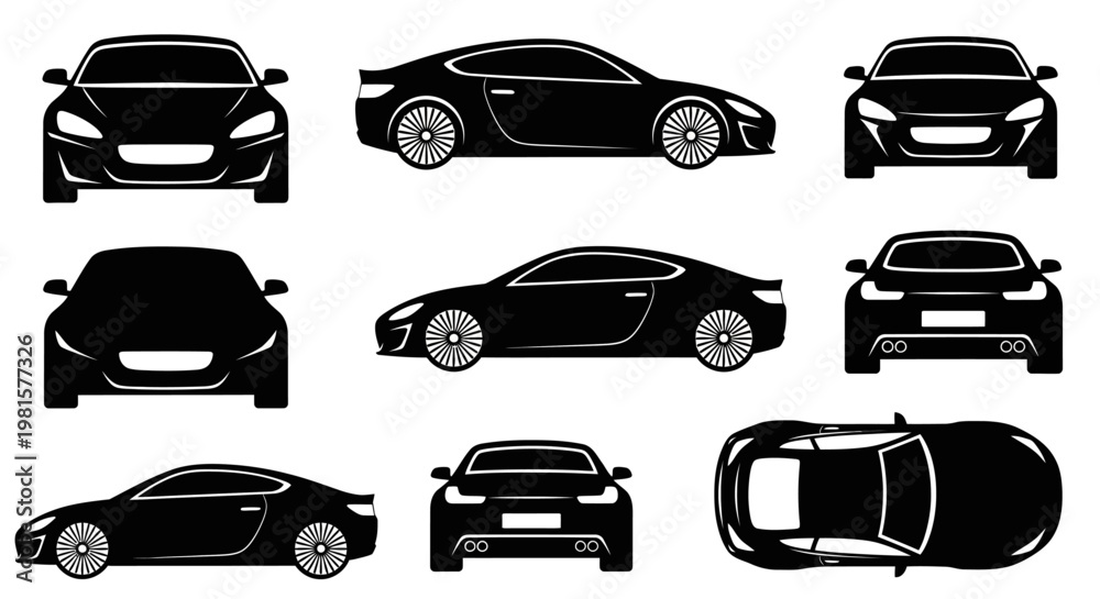Obraz premium Set of black car silhouettes from different angles: front, side, rear, top view.