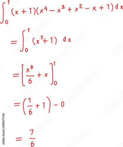 Foto Handwritten calculus solution showing definite integral from 0 to 1, polynomial