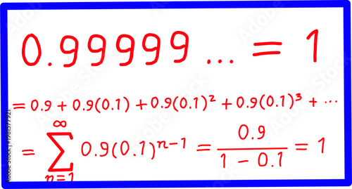 Mathematical proof showing 0.999... equals 1 using infinite geometric series. Red formula text on white background with clean educational layout.