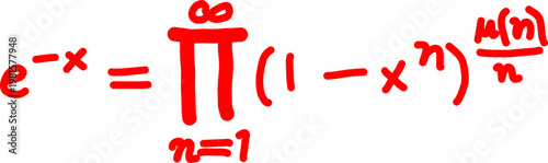 Red mathematical formula showing exponential function e^-x expressed as infinite product representation with limits, clean minimal educational math graphic.