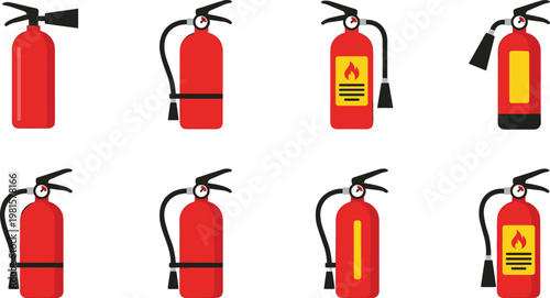 Fire extinguisher vector icons set safety equipment collection red emergency tools isolated flat design illustration firefighting protection symbols