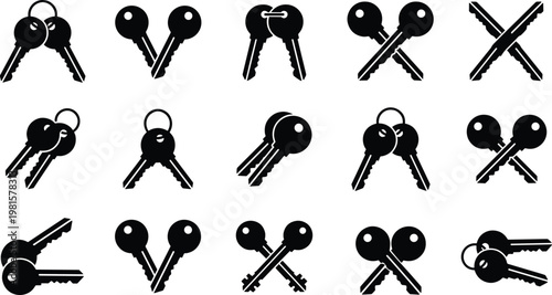 Key silhouettes vector set security access icons collection house keys symbols black isolated flat illustration design elements