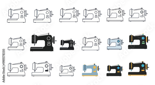 Sewing Machine Icons Set: Vintage and Modern Styles, Line Art and Flat Design