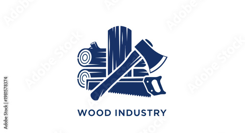 Wood Industry Logo: Axe, Saw, and Logs Emblem