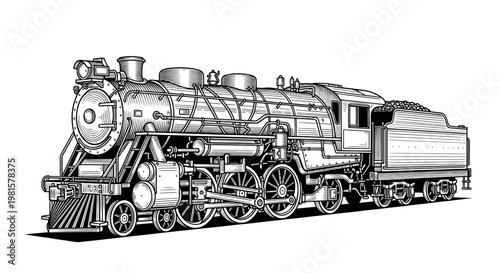 Vintage Steam Locomotive Engine, Black and White Illustration