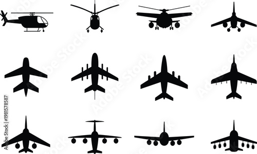 Collection of airplane and helicopter silhouettes in grid layout, diverse aircraft designs, aviation illustration set showing multiple perspectives and styles
