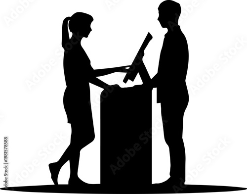 Black silhouette of a male customer and a female cashier interacting at a service counter with a digital terminal
