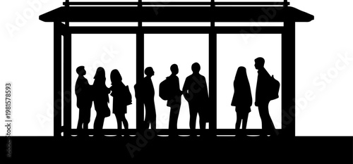 Silhouette of a Group of People Waiting at a Bus Stop Shelter Vector Illustration