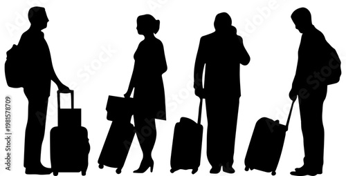 Silhouettes of travelers with suitcases and bags isolated on white background