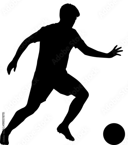 Black Silhouette of a Male Soccer Player Dribbling a Football Ball on White Background