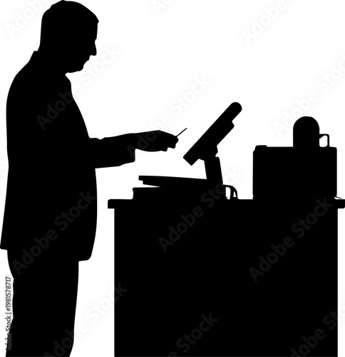 Silhouette of a businessman making a credit card payment at a checkout counter terminal in a retail store or office setting