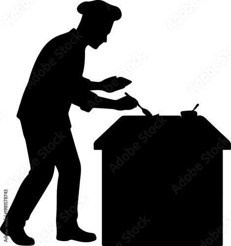 Black Silhouette of a Professional Chef in a Uniform and Hat Preparing Food on a Kitchen Counter Vector Illustration