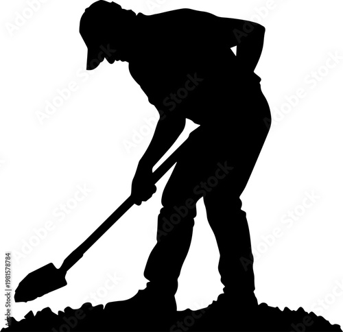 Black Silhouette of a Man Digging Ground with a Shovel Vector Illustration