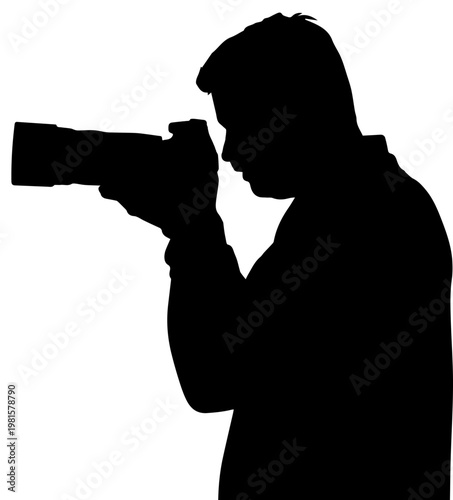 Silhouette of a Professional Male Photographer Holding a DSLR Camera with a Large Lens