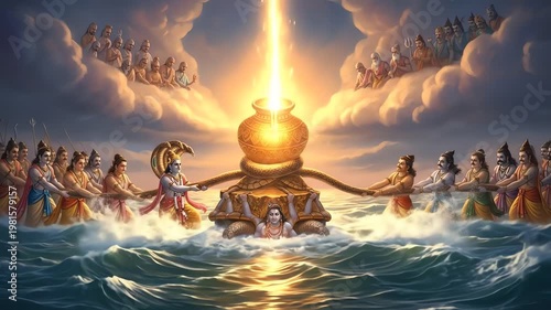 Hindu mythological depiction of Samudra manthan, the churning of the cosmic ocean by gods and demons to obtain the elixir of immortality, with Mount Mandara and Vasuki.